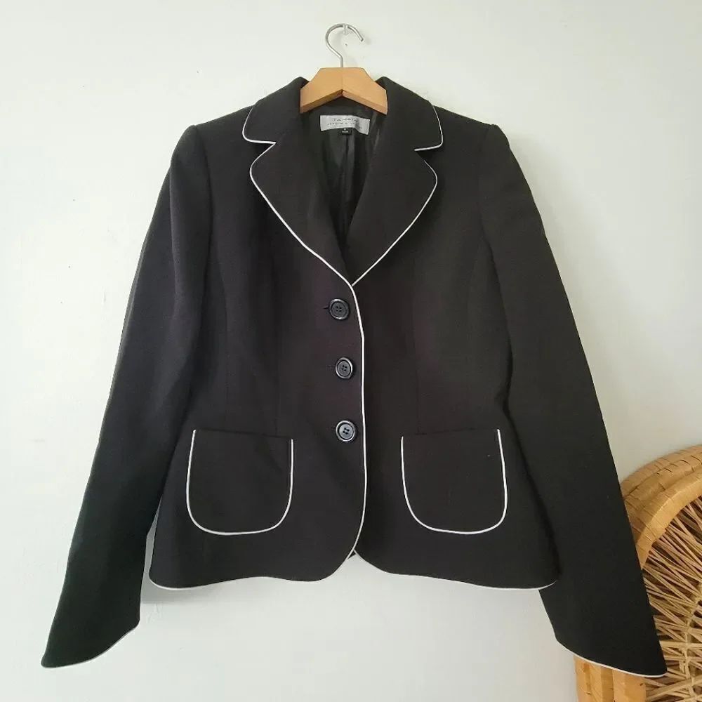Tahari ASL Black Blazer Jacket White Piping 8